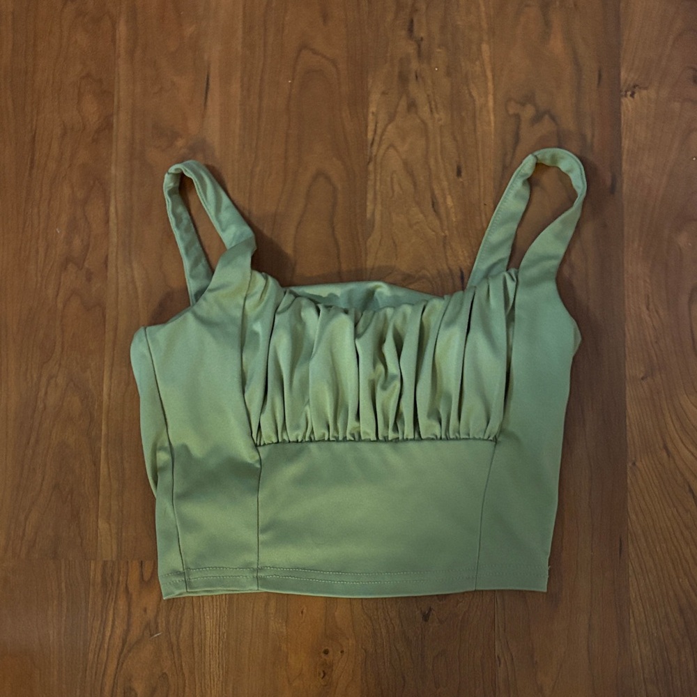Green Ruched Square-Neck Top